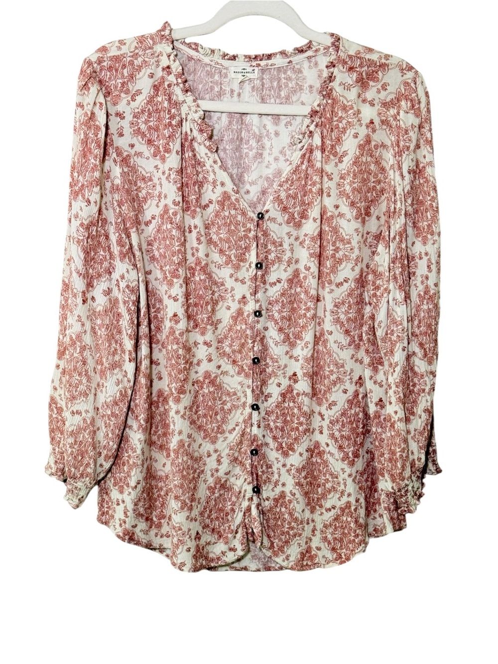 Mason & Belle Button-Front Flowy Boho Floral Blouse Dusty Rose Cream Large